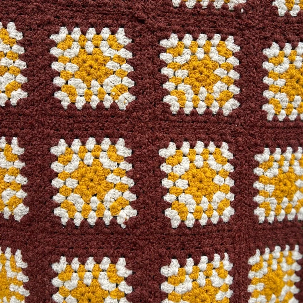 Vintage 1970s Crochet Granny Square Afghan Blanket Yellow, Brown Retro Throw